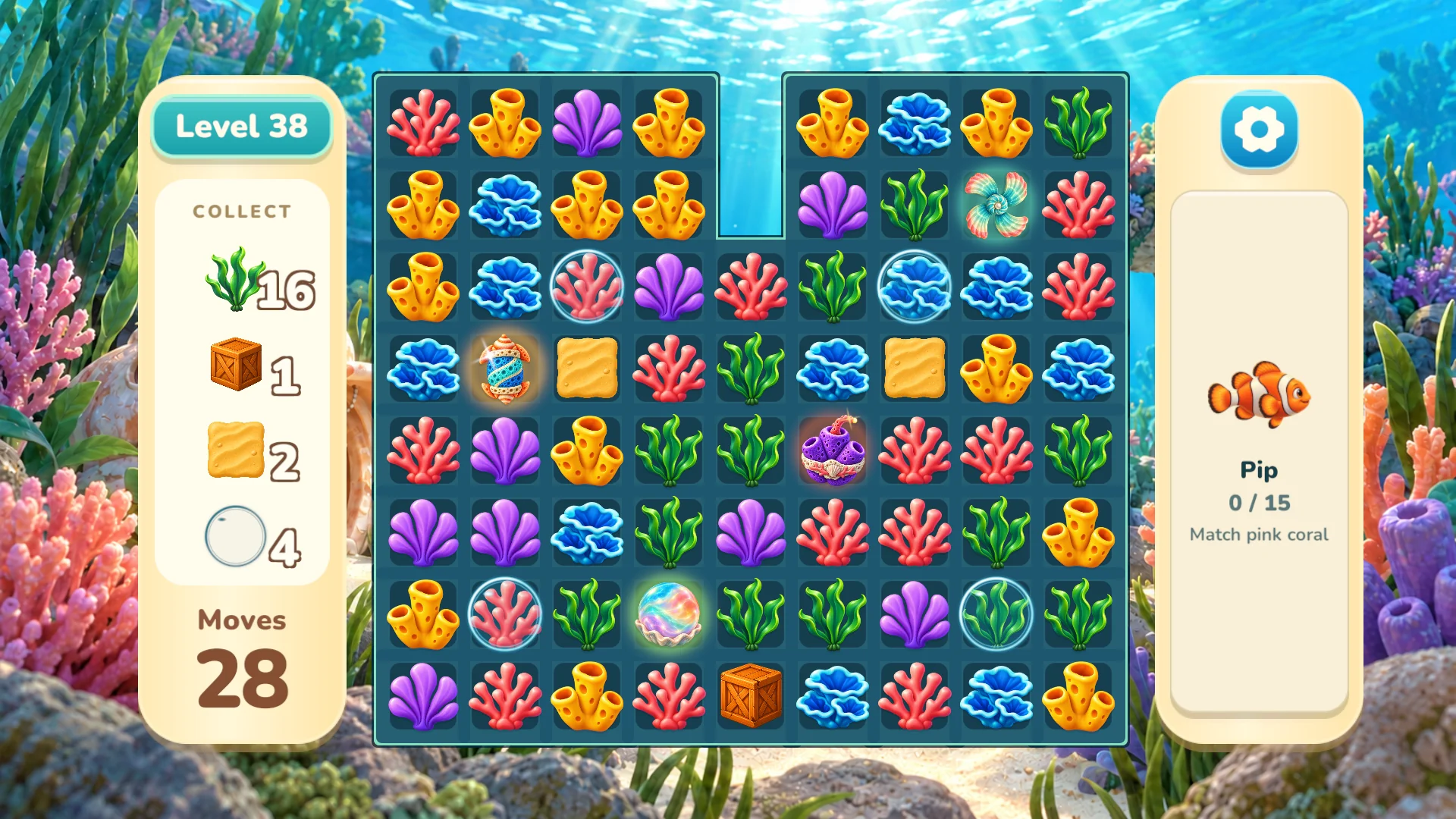 Coralwish match-3 board with coral pieces, boosters and fish helpers