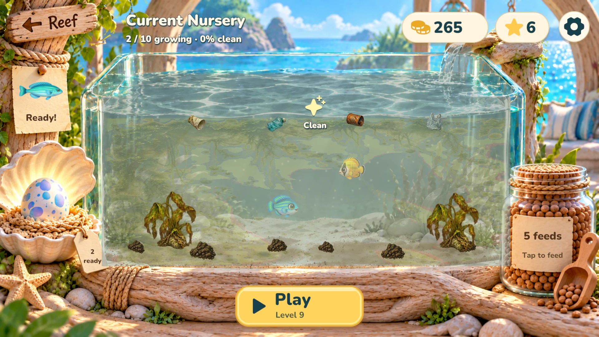 Coralwish nursery aquarium before cleanup, with dark water and discarded objects