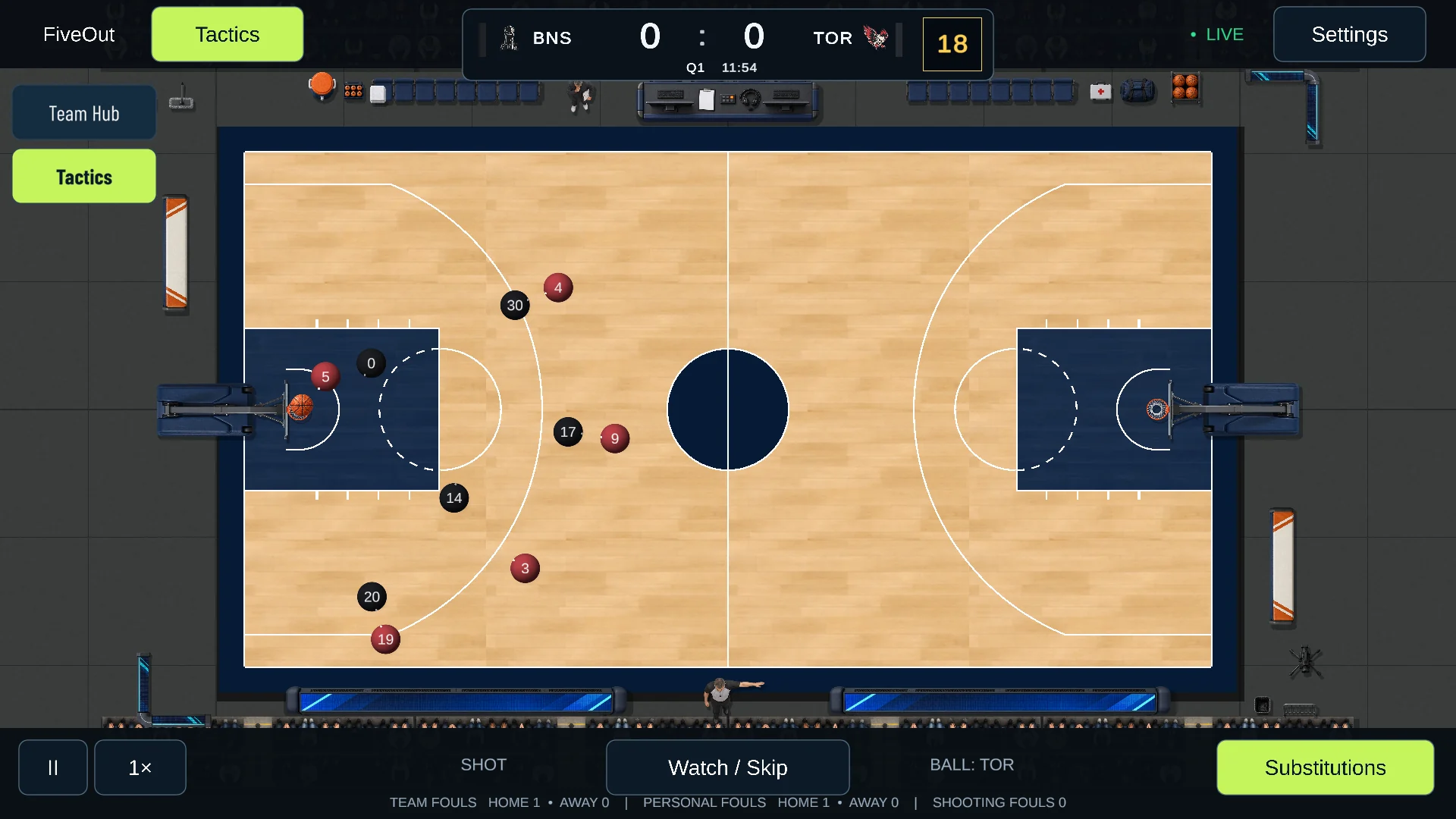 FiveOut basketball match simulation with live tactics and substitutions